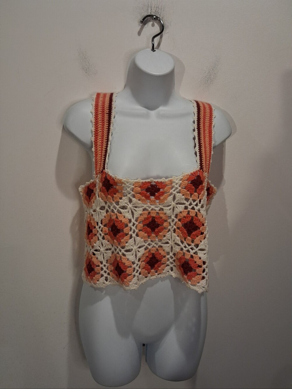 High Spirits Size M Boho Granny square Crotchet Tank Crop Top